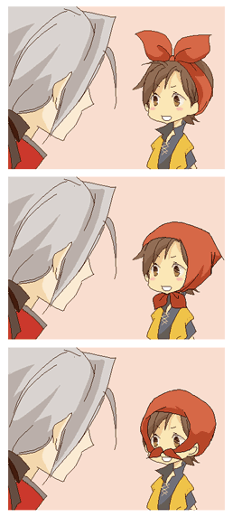 3koma alternate_hairstyle angelo bad_id bad_pixiv_id bandana brown_hair comic dragon_quest dragon_quest_viii hero_(dq8) kukuru_(dq8) mochida mochida_(annie) silent_comic square_enix