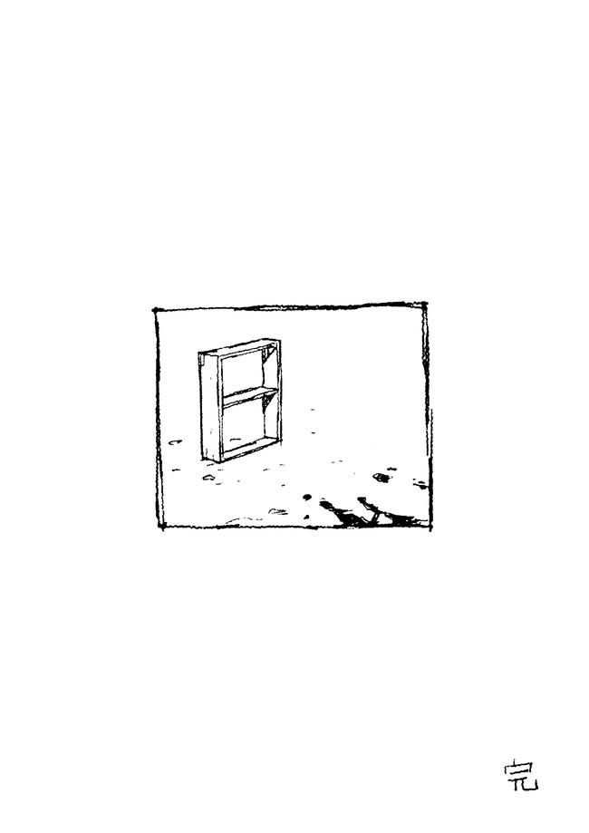 aromemi blood blood_splatter comic commentary ending english_commentary greyscale implied_murder mixed-language_commentary monochrome no_humans original shelf silent_comic translated