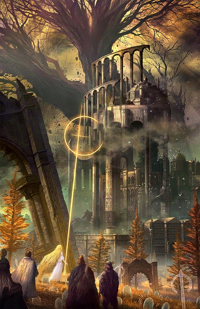 2girls 3boys arch armor armor_under_clothes black_robe blonde_hair building cape character_request cloak commentary elden_ring elden_ring:_shadow_of_the_erdtree english_commentary facial_hair full_armor fur_cape gauntlets golden_cross_(elden_ring) grey_facial_hair helm helmet knight miquella_(elden_ring) multiple_boys multiple_girls needle_knight_leda ornate ornate_armor outdoors redmane_freyja robe scenery sir_ansbach sky standing tombstone tree tunic white_cloak white_tunic yagaminoue