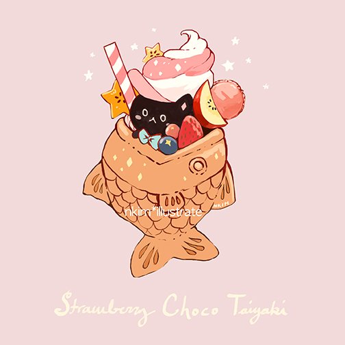apple apple_slice aqua_bow aqua_bowtie artist_name black_cat blueberry blush bow bowtie cat drinking_straw english_text fish food food_focus fruit nadia_kim no_humans original pink_background simple_background star-shaped_food star_(symbol) starfruit strawberry taiyaki wagashi