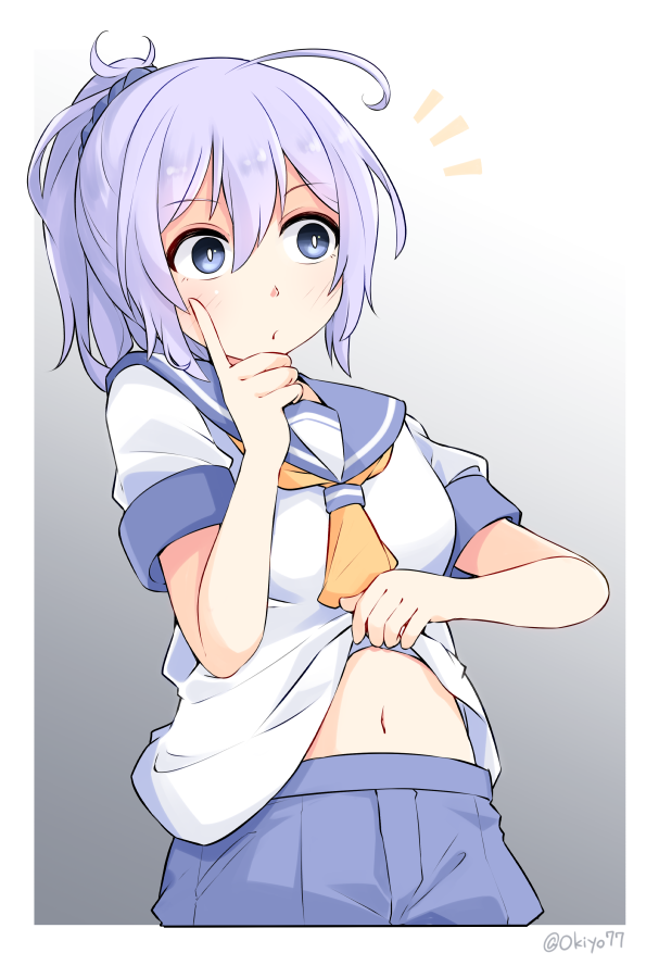 1girl ahoge aoba_(kancolle) blue_eyes blue_scrunchie clothes_lift commentary_request kantai_collection navel neckerchief okitarou_(okiyo) ponytail purple_hair purple_sailor_collar purple_shorts sailor_collar school_uniform scrunchie serafuku shirt_lift shorts solo yellow_neckerchief