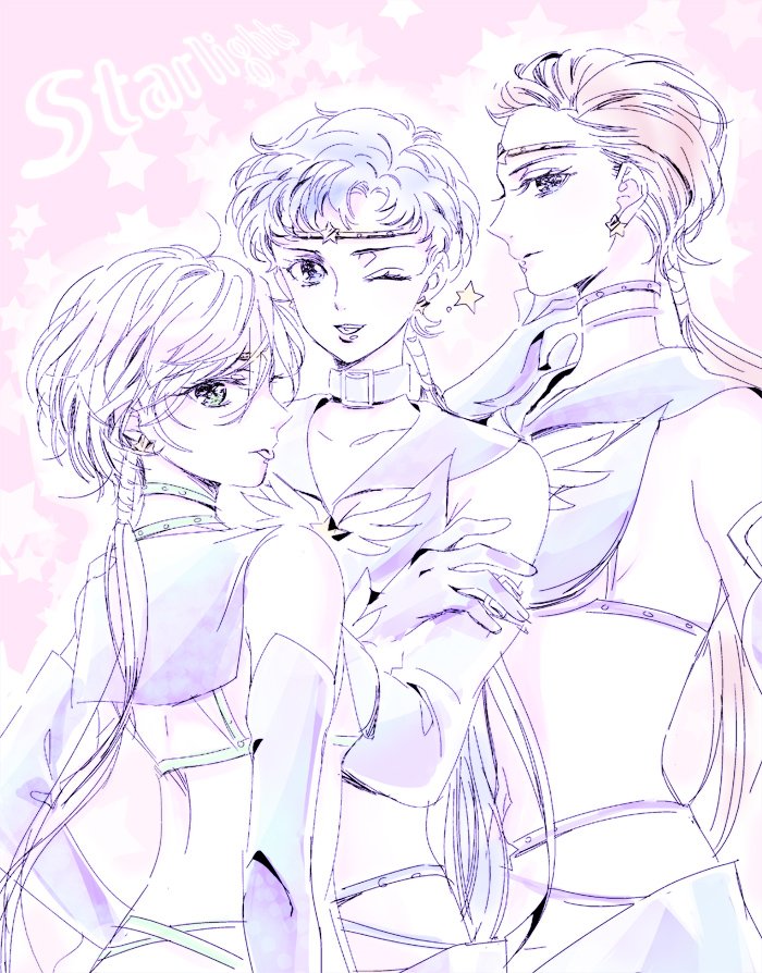 3girls :p bishoujo_senshi_sailor_moon bishoujo_senshi_sailor_moon_sailor_stars bishoujo_senshi_sailor_moon_stars choker circlet collar elbow_gloves gloves karasa_(tsukasa_yu) long_hair low_ponytail multiple_girls one_eye_closed pale_color pink_background ponytail profile sailor_star_fighter sailor_star_healer sailor_star_maker seiya_kou star_(symbol) star_symbol_background taiki_kou tongue tongue_out very_long_hair yaten_kou