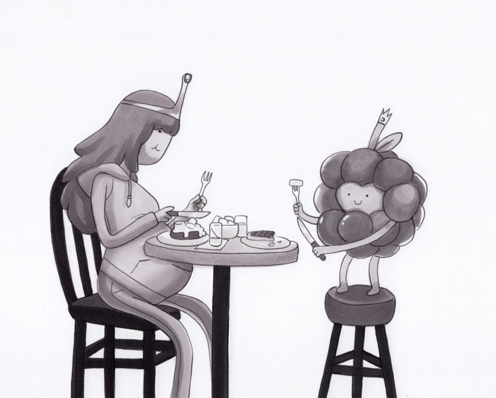 adventure_time belly big_belly chair commentary drink eating english_commentary food monochrome on_chair pregnant princess_bonnibel_bubblegum sitting sixonesixone standing standing_on_chair stomach toon_(style) traditional_media wildberry_princess