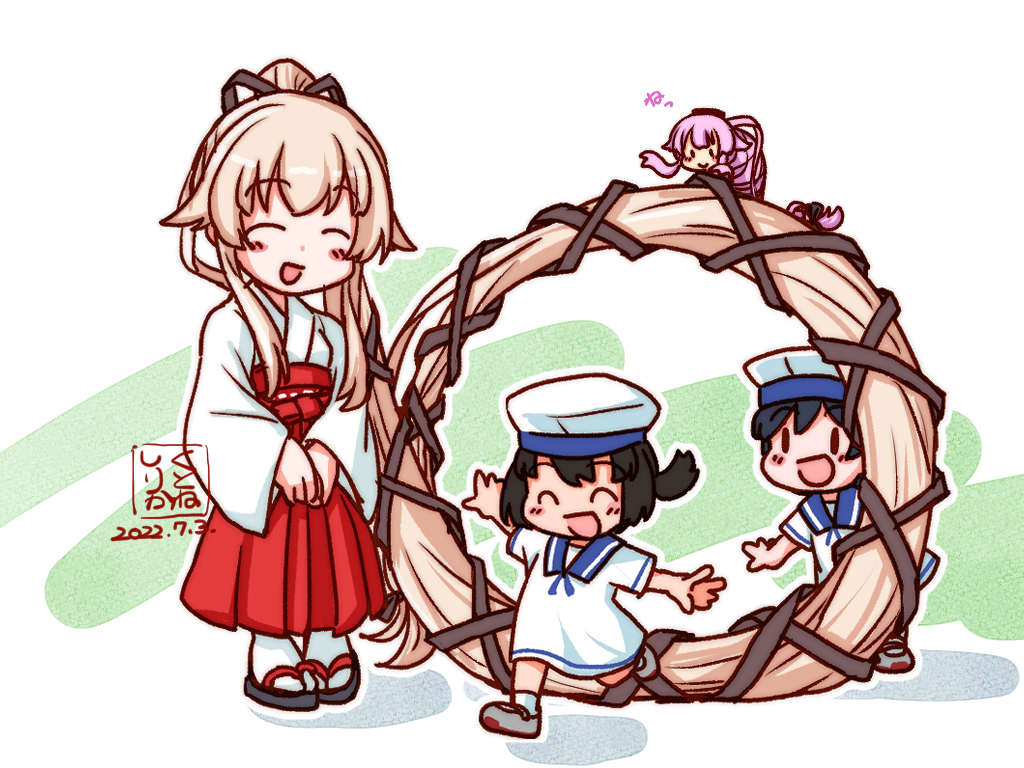 3girls artist_logo black_hair bob_cut closed_eyes commentary_request daitou_(kancolle) dated dress dual_persona full_body hair_flaps hair_ribbon hakama hat hiburi_(kancolle) high_ponytail hoop japanese_clothes kantai_collection kutone_shirika logo long_hair miko multiple_girls pink_hair ponytail red_hakama ribbon sailor_collar sailor_dress sailor_hat short_hair short_sleeves sidelocks socks very_long_hair white_dress white_legwear yura_(kancolle) yura_(snake)