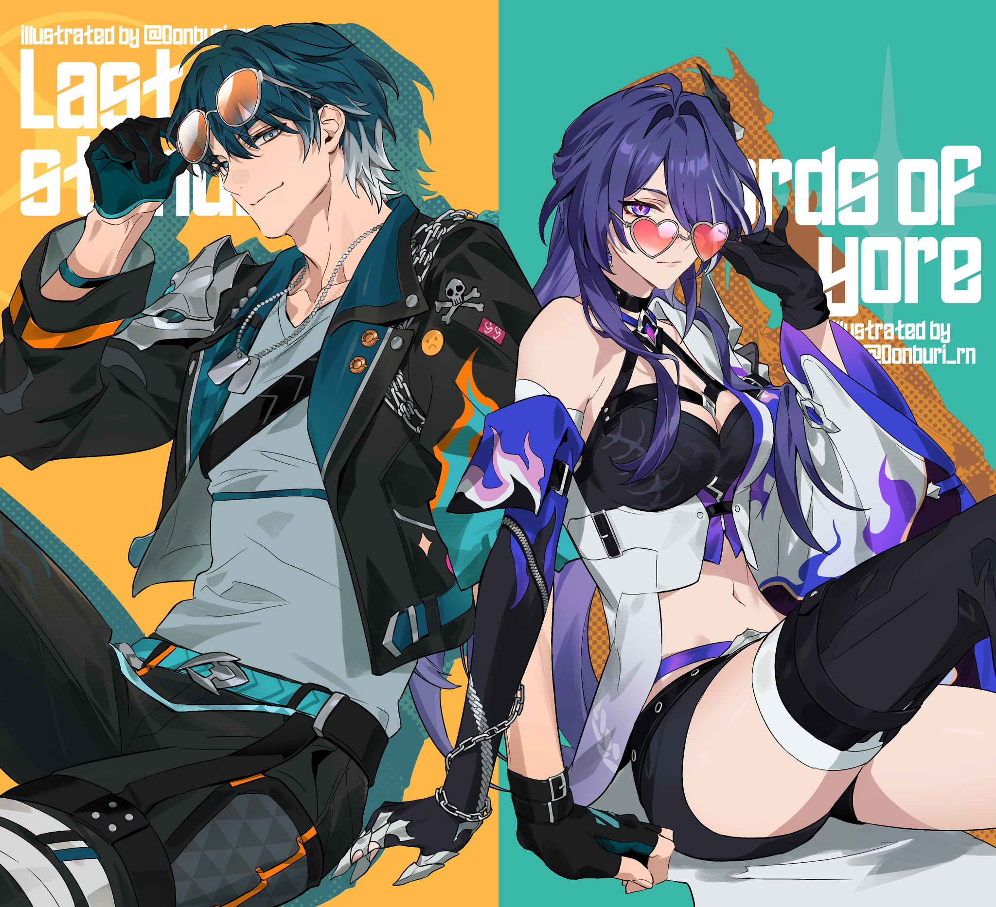 1boy 1girl acheron_(honkai:_star_rail) bare_shoulders belt black_boots black_jacket black_pants black_shorts boots bracelet breasts cleavage closed_mouth collarbone commission couple crop_top cropped_jacket detached_sleeves donburi_rn earrings fake_claws fingerless_gloves from_side gloves green_eyes green_hair green_shirt hair_between_eyes hair_intakes hair_ornament hair_over_one_eye head_tilt heart heart-shaped_eyewear hetero highres holding holding_removed_eyewear honkai:_star_rail honkai_(series) jacket jewelry knee_up knees_up leather leather_jacket long_hair long_sleeves looking_at_viewer looking_to_the_side medium_breasts multicolored_hair navel necklace oc_x_canon original pants pink_lips purple_eyes purple_hair shade shirt short_hair short_shorts shorts sitting smirk stomach streaked_hair sunglasses thigh_boots thighs two-tone_hair unworn_eyewear white_gloves wide_sleeves
