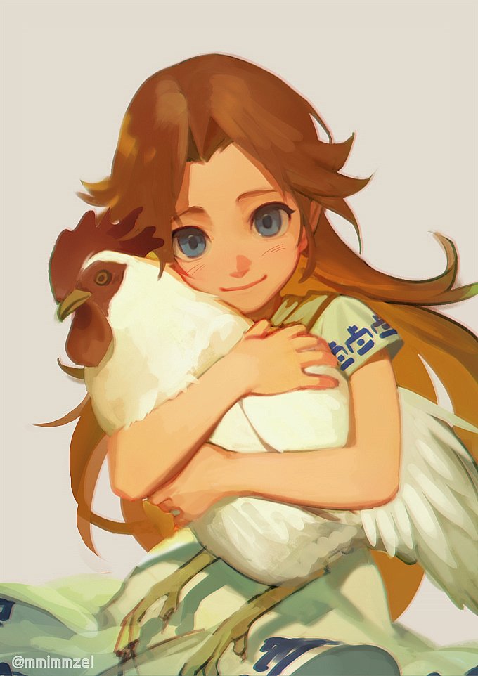 1girl animal blue_eyes brown_hair child cucco dress female_focus hug long_hair looking_at_viewer malon mimme_(haenakk7) nintendo smile solo the_legend_of_zelda the_legend_of_zelda:_ocarina_of_time twitter_username white_dress