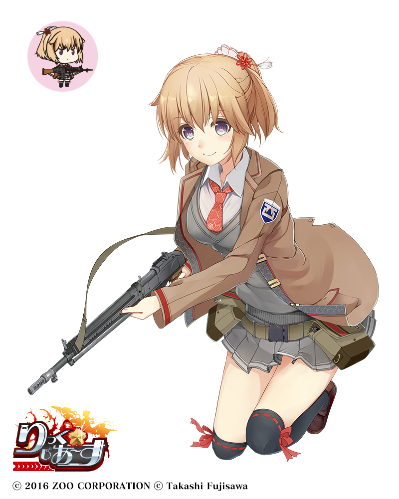 1girl belt belt_pouch black_thighhighs brown_hair brown_jacket brown_shoes character_request chibi copyright_name female_focus full_body grey_eyes grey_skirt gun holding holding_gun holding_weapon jacket leaning_forward looking_at_viewer official_art pouch radiosity_(yousei) red_neckwear rick_g_earth shoes short_hair skirt smile solo standing thighhighs watermark weapon