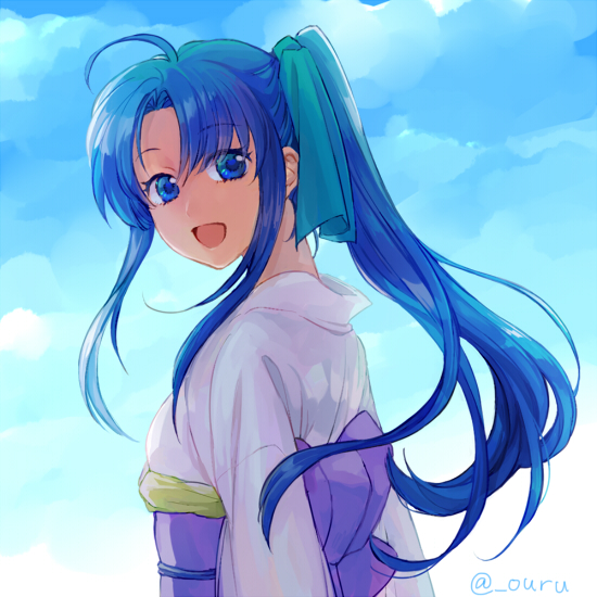1girl blue_eyes blue_hair blue_ribbon blue_sky cloud cloudy_sky commentary_request from_side hair_ribbon high_ponytail japanese_clothes kamiya_kaoru kimono long_hair long_sleeves looking_at_viewer looking_to_the_side obi open_mouth ouru109 outdoors parted_bangs ponytail purple_sash ribbon rurouni_kenshin sash sidelocks sky smile solo twitter_username upper_body white_kimono