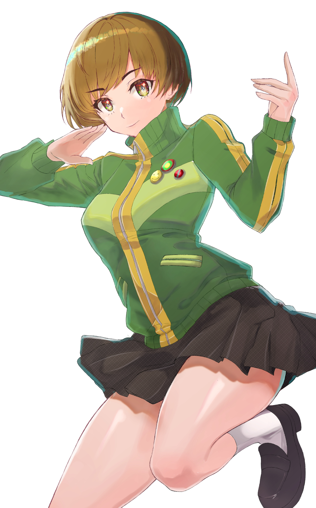 1girl brown_eyes brown_hair closed_mouth commentary_request green_jacket highres houndstooth jacket leg_up looking_at_viewer mary_janes persona persona_4 pleated_skirt reki_(reki13c) satonaka_chie school_uniform shoes short_hair shorts simple_background skirt smile socks solo standing standing_on_one_leg tarot tomboy track_jacket white_background white_socks yasogami_school_uniform