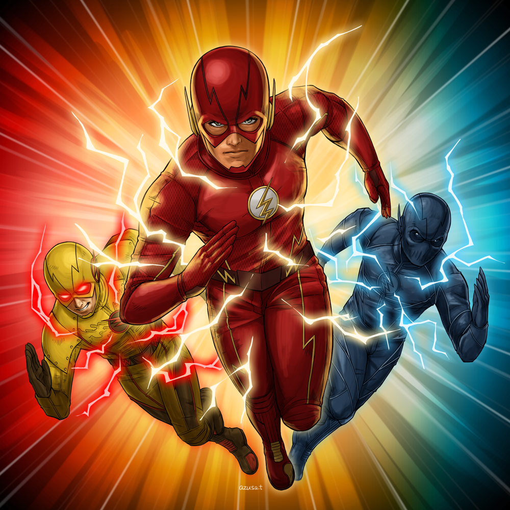 3boys abs azusa_tanaka barry_allen black_bodysuit blue_background bodysuit costume dc_comics electricity eobard_thawne evil_grin evil_smile full_body glowing glowing_eyes grey_eyes grin hunter_zolomon insignia male_focus mask multiple_boys professor_zoom red_background red_bodysuit red_eyes reverse_flash smile sunburst superhero_costume teeth the_flash the_flash_(series) yellow_background yellow_bodysuit