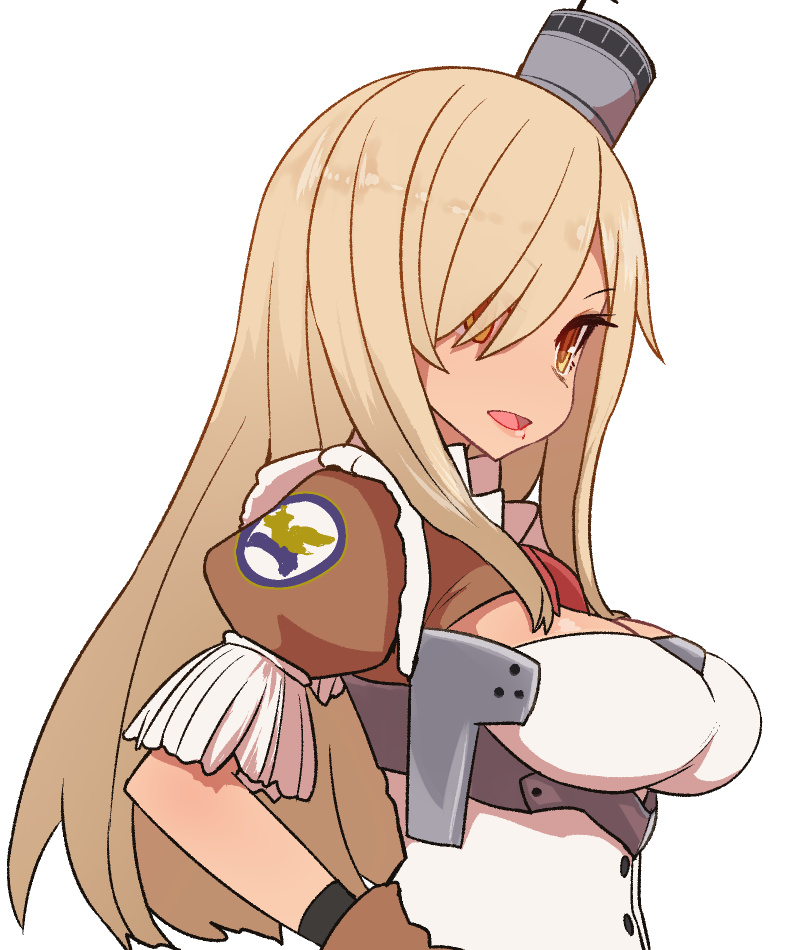 1girl :d azur_lane blonde_hair breasts brown_eyes brown_gloves cleavage_cutout clothing_cutout female_focus gloves hair_ornament hair_over_one_eye hand_on_own_hip long_hair medium_breasts nevada_(azur_lane) open_mouth puffy_short_sleeves puffy_sleeves short_sleeves simple_background smile solo sumiyao_(amam) upper_body white_background