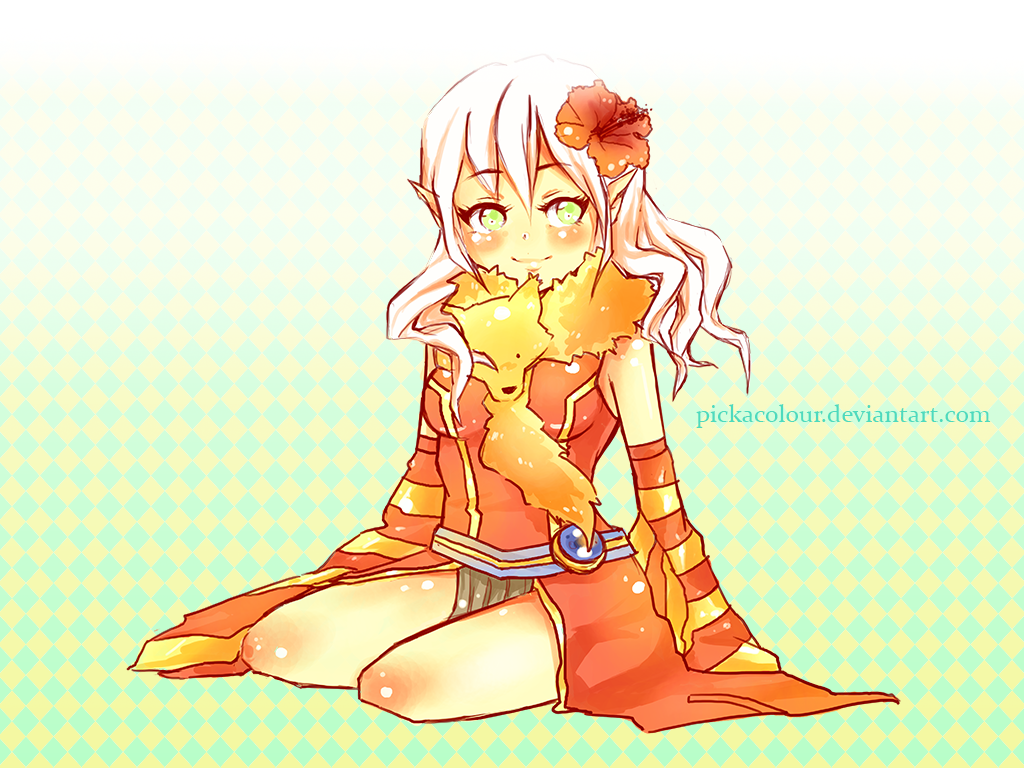 1girl blush breasts closed_mouth commentary detached_sleeves dress english_commentary flower full_body green_background green_eyes hair_flower hair_ornament hibiscus long_hair looking_at_viewer medium_breasts orange_dress orange_flower orange_sleeves pelvic_curtain pickacolour pointy_ears professor_(ragnarok_online) ragnarok_online seiza sitting sleeveless sleeveless_dress smile solo striped_sleeves white_hair yellow_sleeves