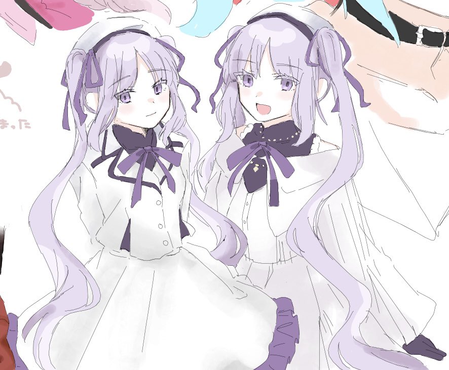 3girls :d arms_behind_back belt_collar beret black_collar black_gloves buttons collar commentary_request euryale_(fate) fate/grand_order fate_(series) gloves hat jacket long_sleeves looking_at_viewer multiple_girls nishina_(nishina) official_alternate_costume open_mouth purple_eyes purple_hair purple_ribbon ribbon sei_shounagon_(fate) siblings simple_background sisters skirt smile stheno_(fate) twins twintails white_background white_hat white_jacket white_skirt