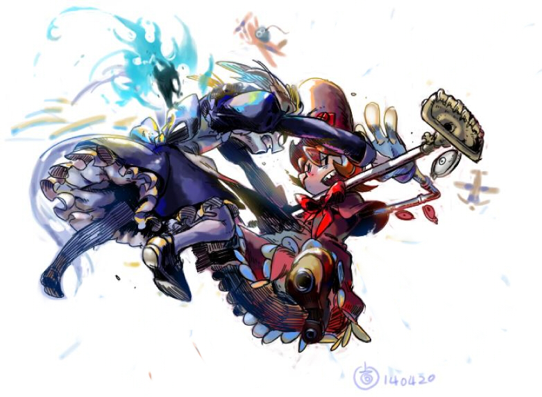 2girls battle bloody_marie_(skullgirls) eun_dari extra_eyes eye_socket gloves hat lenny_the_bomb maid maid_headdress mechanical_arms multiple_girls orange_hair peacock_(skullgirls) petticoat red_eyes short_hair skull_heart skullgirls top_hat twintails vacuum_cleaner white_gloves