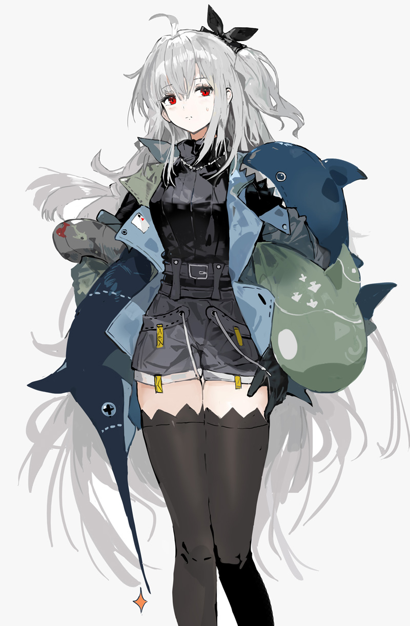 1girl ahoge alchemaniac alternate_costume arknights black_shirt black_shorts black_thighhighs blue_jacket breasts feet_out_of_frame grey_hair highres jacket jewelry long_hair looking_at_viewer medium_breasts necklace one_side_up open_clothes open_jacket red_eyes ribbed_shirt shirt shorts sidelocks skadi_(arknights) solo stuffed_animal stuffed_shark stuffed_toy sweatdrop thighhighs very_long_hair