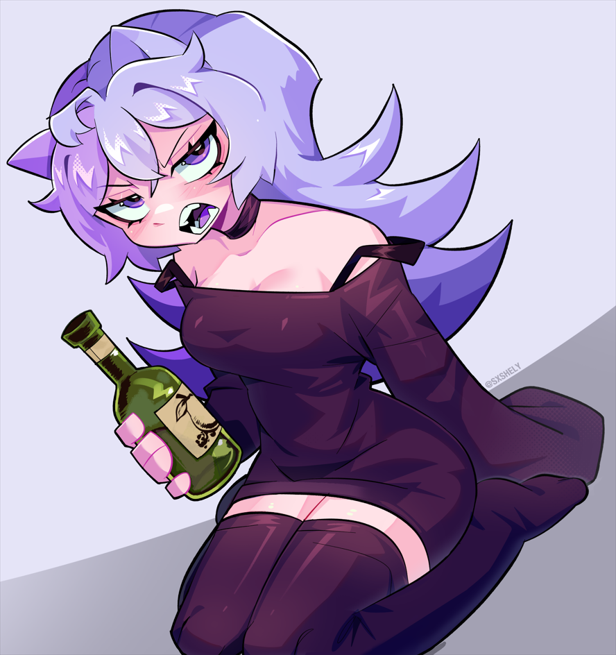 1girl ahoge alcohol animal_ears annoyed artist_name bare_shoulders black_choker black_shirt black_thighhighs bottle breasts cat_ears choker cleavage collarbone colored_lineart colored_tongue crossed_bangs double-parted_bangs double_strap_slip fangs flipped_hair half-closed_eyes hand_on_floor hand_rest holding holding_bottle kneeling knees_out_of_frame long_hair looking_at_viewer medium_breasts no_shoes off-shoulder_shirt off_shoulder open_mouth original purple_eyes purple_hair purple_tongue sashley shirt single_sleeve_past_fingers solo thighhighs thighs upturned_eyes v-shaped_eyebrows zettai_ryouiki