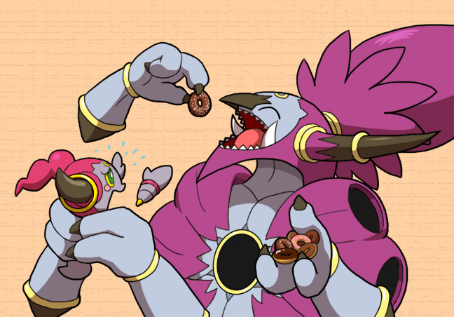 aoi_(comical_highway) colored_sclera earrings eating food full_body gen_6_pokemon happy hoop_earrings hoopa hoopa_(confined) hoopa_(unbound) jewelry legendary_pokemon looking_at_another multiple_persona mythical_pokemon nintendo no_humans pokemon pokemon_(anime) pokemon_(creature) pokemon_the_movie:_hoopa_and_the_clash_of_ages pokemon_xy_(anime) smile solo yellow_sclera