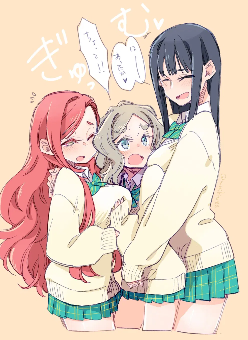 3girls arm_around_shoulder between_breasts black_hair blue_eyes bow bowtie breasts cardigan chibikko_(morihito) closed_eyes cropped_legs flying_sweatdrops green_bow green_bowtie green_skirt grey_hair head_between_breasts height_difference highres long_hair morihito multiple_girls one_eye_closed original parted_bangs pleated_skirt red_hair school_uniform simple_background skirt sleeves_past_wrists swept_bangs webp-to-png_conversion yellow_background yellow_cardigan yuri