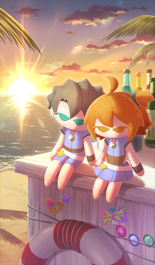 beach bottle character_doll cloud commentary_request cosplay doll fate/grand_order fate_(series) fujimaru_ritsuka_(female) fujimaru_ritsuka_(male) heart horizon innertube no_humans ocean official_art ono_no_komachi_koken-shou palm_tree sand sky still_life sunlight sunset swim_ring third-party_source tree xu_fu_(fate) xu_fu_(fate)_(cosplay) xu_fu_(swimsuit_avenger)_(fate) xu_fu_(swimsuit_avenger)_(first_ascension)_(fate) xxxxay yin_yang