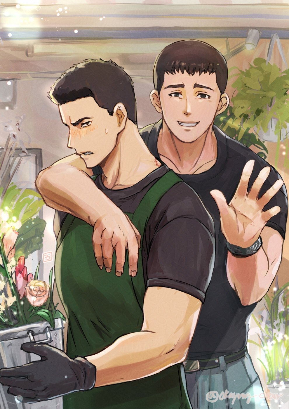 2boys ao_isami apron arm_around_shoulder black_hair black_shirt brown_hair bucket day flower green_apron hand_up highres holding holding_flower multiple_boys okamoto_setsura outdoors plant potted_plant ryuji_satake shirt short_hair short_sleeves smile sweat wristband yuuki_bakuhatsu_bang_bravern