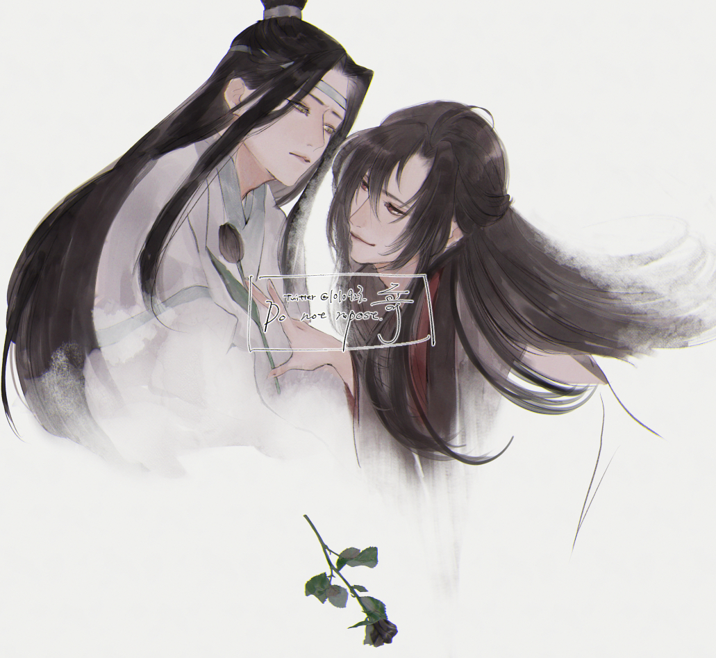 1010923 2boys aged_down bishounen black_hair black_hanfu chinese_clothes closed_mouth coat flower grey_coat hair_down half-closed_eyes half_updo hand_on_another&#039;s_chest hanfu headband holding holding_flower lan_wangji leaf long_hair long_sleeves looking_at_another male_focus modao_zushi multiple_boys official_alternate_costume official_alternate_hairstyle red_eyes robe sidelocks simple_background smile topknot twitter_username upper_body watermark wei_wuxian wei_wuxian_(yiling_laozu) white_background white_hanfu white_headband wide_sleeves xiao_guan_(headdress) yaoi yellow_eyes