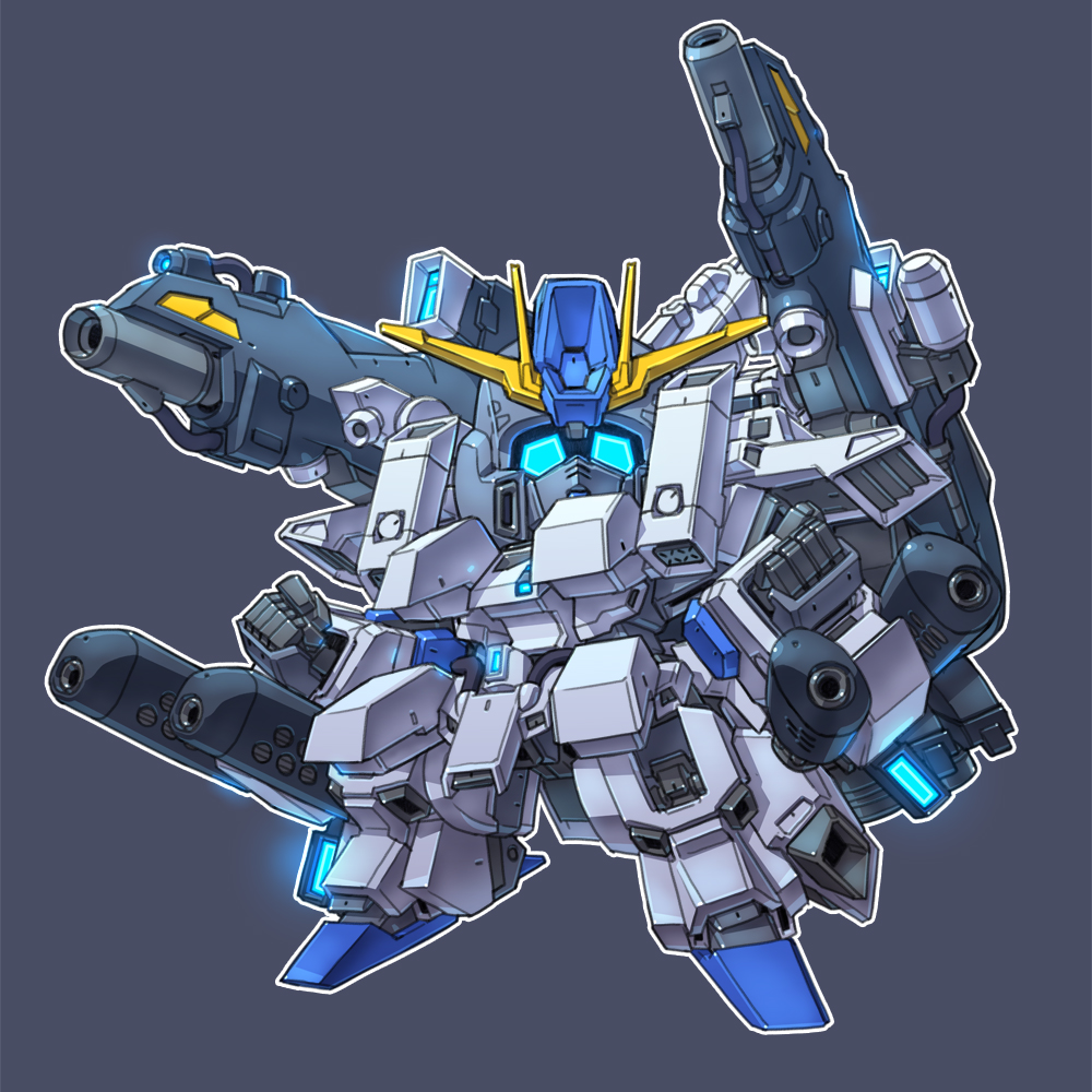 armor beam_rifle blue_eyes chibi double_beam_cannon energy_gun fazz_(gundam) full_armor full_armor_zz_gundam glowing glowing_eye grey_background gun gundam gundam_sentinel gundam_zz mecha mecha_focus mobile_suit no_humans redesign robot sd_gundam shoulder_cannon susagane v-fin weapon zz_gundam