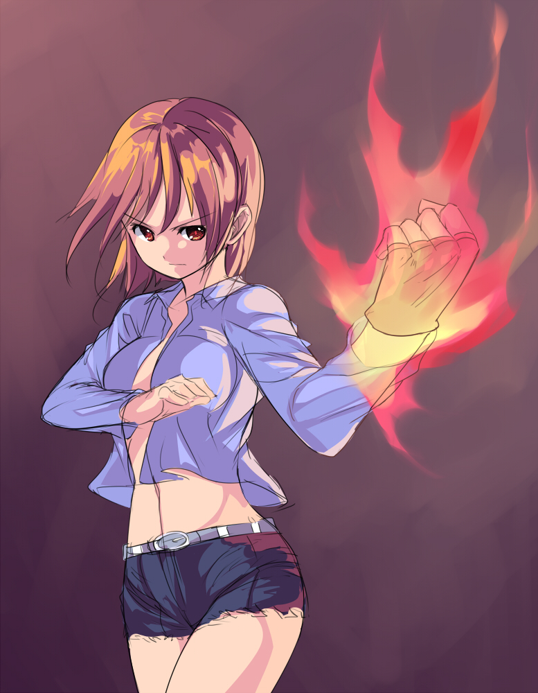 1girl belt breasts brown_eyes brown_hair cutoffs denim denim_shorts female_focus fighting_stance fingerless_gloves fire flaming_hand gloves medium_breasts midriff navel open_clothes open_shirt original saiste shirt short_hair short_shorts shorts sketch solo