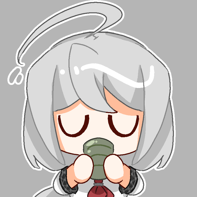 1girl ahoge chibi chinese_commentary closed_eyes commentary_request cup danganronpa_another drinking grey_background grey_hair holding holding_cup long_hair neckerchief outline plaid priswocaer red_neckerchief shirt simple_background solo sora_(super_danganronpa_another_2) super_danganronpa_another_2 white_outline white_shirt yunomi