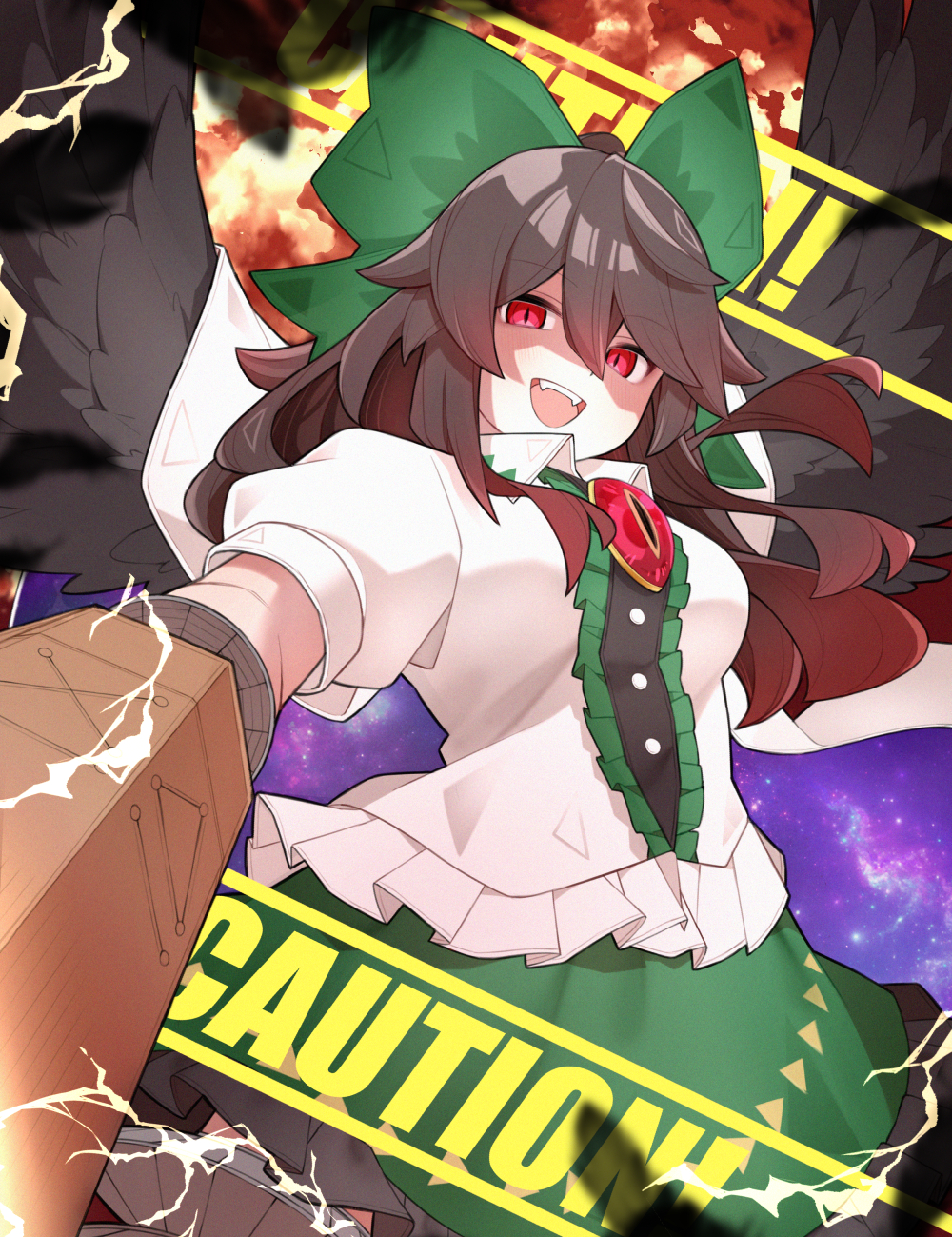 1girl arm_cannon bird_wings bow breasts brown_hair brown_wings cape caution center_frills ch00suke commentary_request feathered_wings frills green_bow green_skirt hair_bow highres long_hair looking_at_viewer open_mouth puffy_short_sleeves puffy_sleeves red_eyes reiuji_utsuho shaded_face shirt short_sleeves skirt smile solo starry_sky_print third_eye third_eye_on_chest touhou weapon white_shirt wings