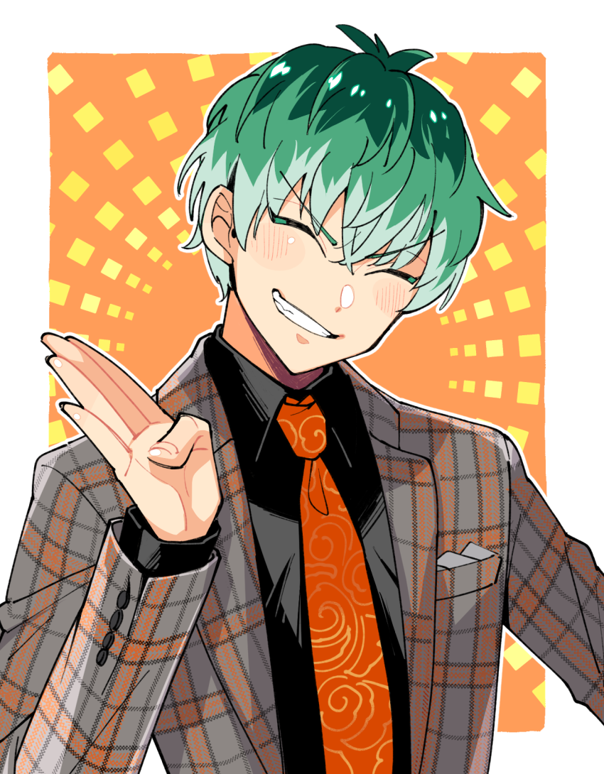 1boy ^_^ black_shirt blush blush_stickers border clenched_teeth closed_eyes collared_shirt dog_bow_wow fingernails green_hair grey_jacket grin hair_between_eyes hand_up head_tilt hypnosis_mic jacket long_sleeves male_focus multicolored_hair necktie number_four_(asl) nurude_sasara open_clothes open_jacket orange_background orange_necktie outline outside_border outstretched_arm plaid_suit pocket_square print_necktie shirt short_hair smile solo suit_jacket teeth upper_body v-shaped_eyebrows white_border white_outline wispy_bangs yellow_background