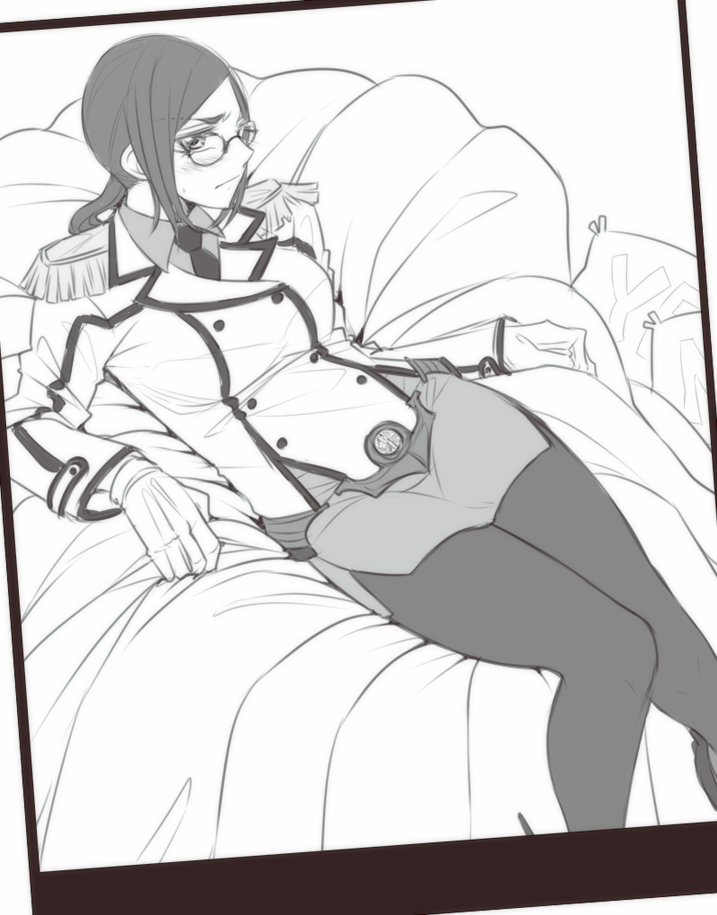 1girl bed blush brown_theme buttons cosplay double-breasted epaulettes female_admiral_(kancolle) female_focus gloves kantai_collection katori_(kancolle) katori_(kancolle)_(cosplay) long_hair looking_at_viewer lying military military_uniform miniskirt monochrome necktie neko_majin on_back pantyhose skirt solo yes-no_pillow