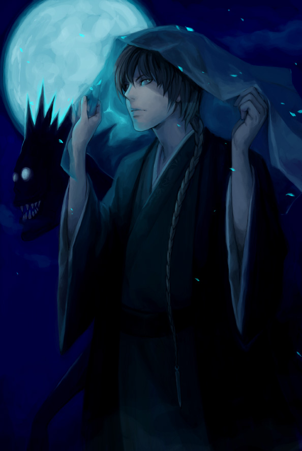 00s 2boys blue_theme death_note japanese_clothes kimono male_focus monochrome moon multiple_boys ryuk yagami_light