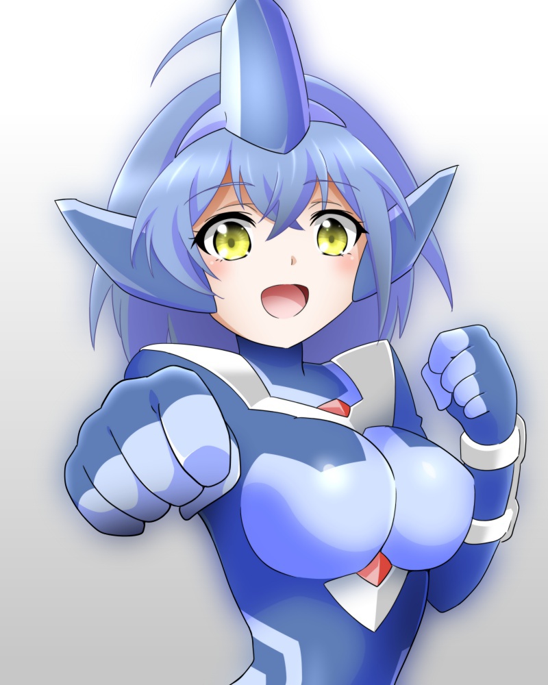 1girl :d aiueo8371 armor blue_bodysuit blue_hair blush bodysuit breasts chest_jewel clenched_hands commentary darkness_heels gem gradient_background hair_between_eyes hands_up headgear incoming_attack incoming_punch lili_(darkness_heels) looking_at_viewer medium_breasts open_mouth overexposure punching raised_fist red_gemstone short_hair shoulder_armor skin_tight smile solo ultra_series upper_body vambraces white_background yellow_eyes