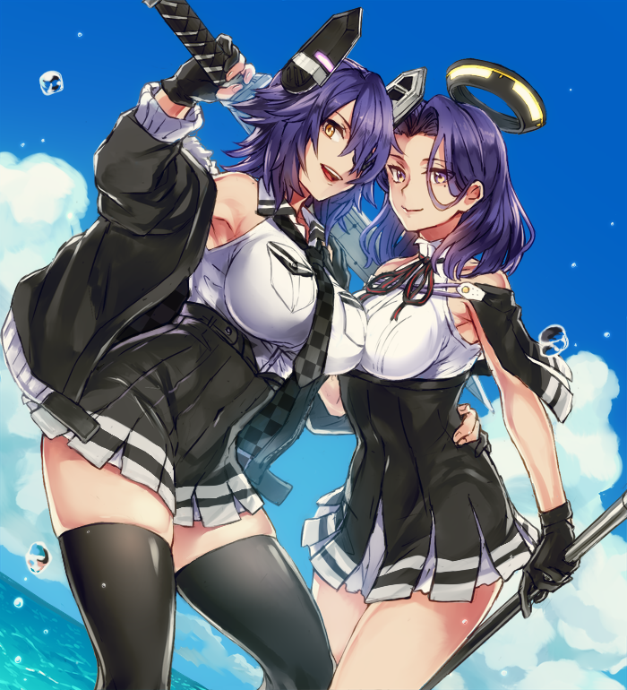 01rosso 2girls armpits bad_id bad_pixiv_id black_gloves black_jacket black_legwear black_skirt breasts cloud commentary_request covered_navel day dutch_angle eyepatch fur-trimmed_jacket fur_trim gloves hand_on_another&#039;s_hip holding holding_polearm holding_spear holding_sword holding_weapon jacket kantai_collection large_breasts looking_at_viewer multiple_girls ocean off_shoulder open_mouth partially_fingerless_gloves pleated_skirt polearm purple_hair shirt skirt sleeveless sleeveless_shirt spear sword tatsuta_(kancolle) tenryuu_(kancolle) thighhighs thighs weapon white_shirt yellow_eyes