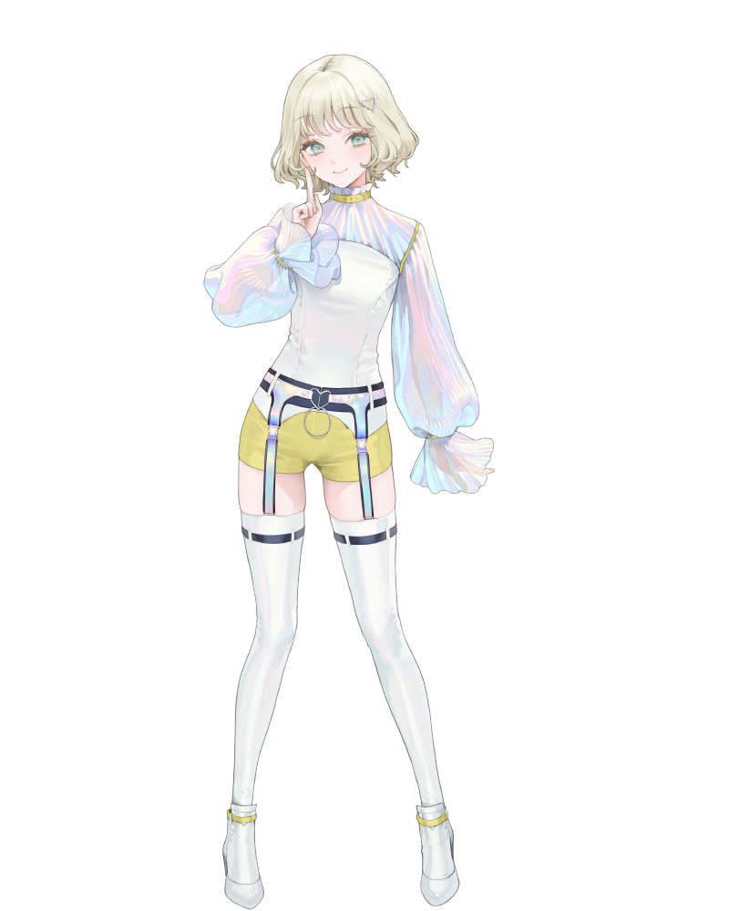 1girl belt blonde_hair breasts chloe_takanashi collar colored_eyelashes frilled_thigh_strap frills green_eyes hair_ornament heart heart_hair_ornament heart_o-ring high_heels idol iridescent light_smile long_sleeves looking_at_viewer negative_happy o-ring o-ring_belt o-ring_legwear_garter official_art ohisashiburi puffy_long_sleeves puffy_sleeves short_hair shorts standing thigh_strap thighhighs transparent_background yellow_collar yellow_shorts