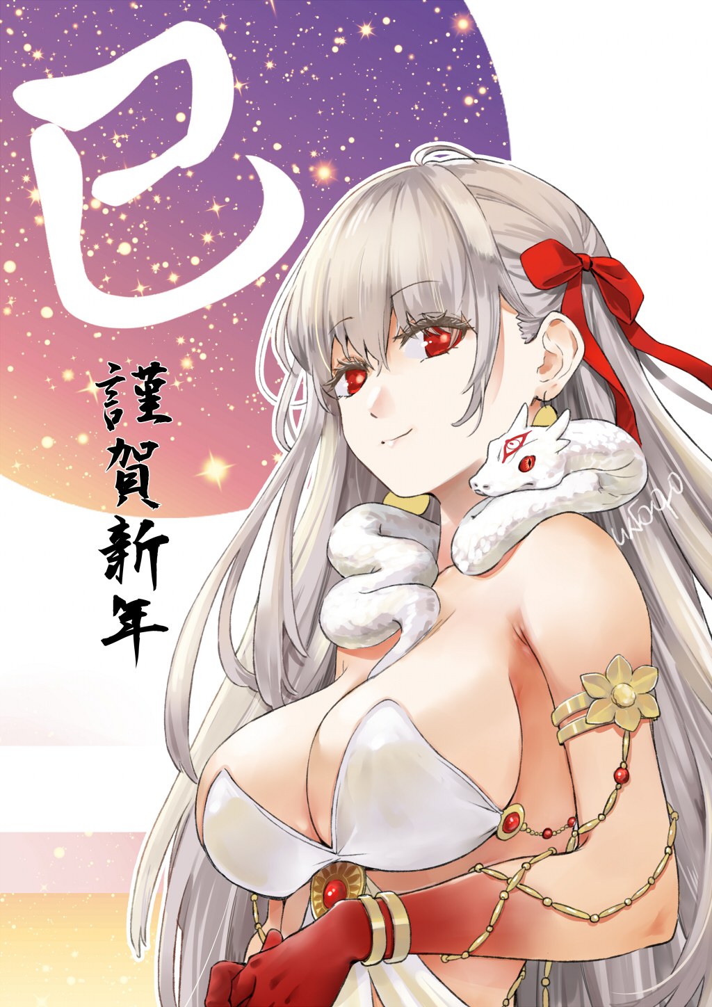 1girl armlet bracelet breasts chinese_zodiac colored_skin commentary_request durga_(fate) durga_(first_ascension)_(fate) fate/grand_order fate_(series) gradient_skin grey_hair happy_new_year highres jewelry large_breasts long_hair looking_at_viewer new_year red_eyes red_skin revealing_clothes rori_chuushin sky smile snake snake_wrapped_around_neck solo star_(sky) starry_sky upper_body very_long_hair white_snake year_of_the_snake