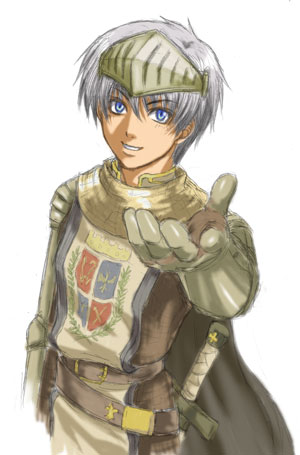 1boy armor belt blue_eyes brown_belt cape commentary_request cowboy_shot emblem feliciel gauntlets grey_cape knight_(ragnarok_online) looking_at_viewer lowres male_focus pauldrons ragnarok_online reaching reaching_towards_viewer short_hair shoulder_armor simple_background smile solo tabard visor_(armor) white_background white_tabard