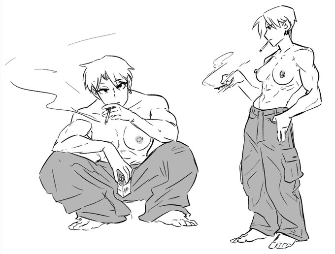 1girl baggy_pants cargo_pants helen_regal pants smoking spicymancer squatting topless_female