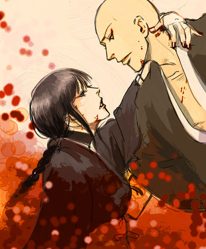1boy 1girl bald black_hair bleach braid kurotsuchi_nemu lowres madarame_ikkaku tagme