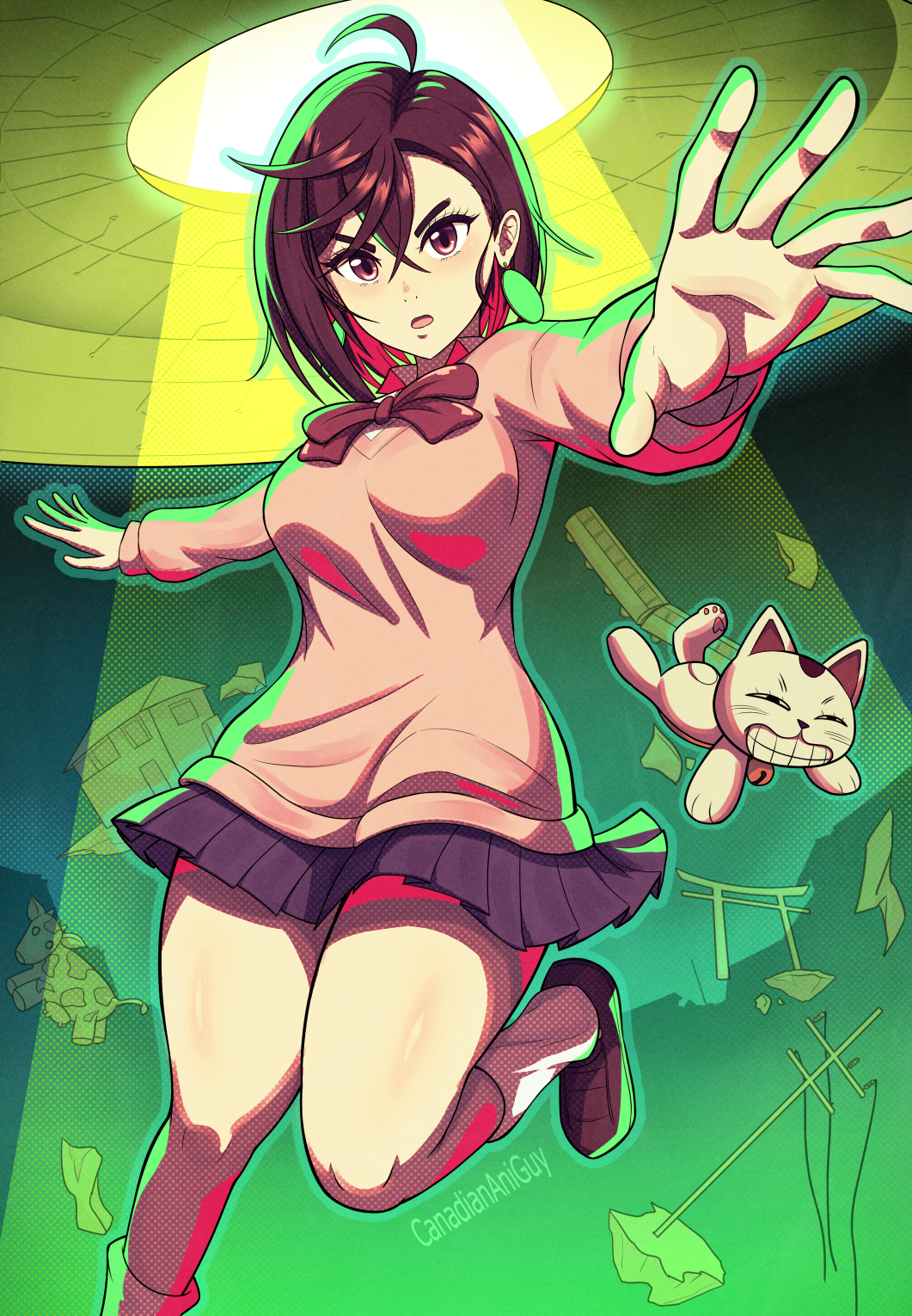 1girl ayase_momo blue_skirt bow breasts brown_eyes brown_hair building canadiananiguy cow dandadan earrings floating highres jewelry large_breasts levitation midair outstretched_arms pink_sweater pleated_skirt red_bow school_uniform skirt sweater thick_thighs thighs train turbo_granny_(dandandan) ufo utility_pole