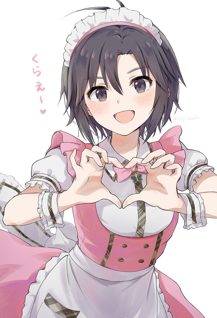 1girl :d black_eyes black_hair heart heart_hands idolmaster idolmaster_million_live! idolmaster_million_live!_theater_days kikuchi_makoto leaning_forward mogskg open_mouth pretty_waitress_(idolmaster) short_hair short_sleeves simple_background smile solo upper_body white_background