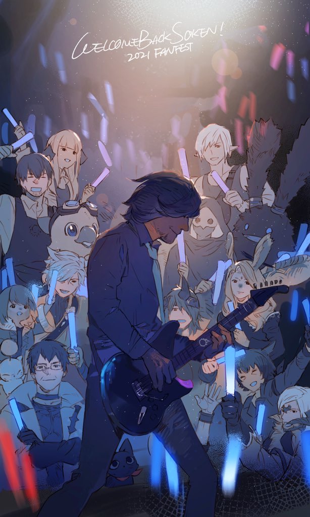 alpha_(ff14) animal_ears au_ra beard cat cat_ears cloak concert crowd elezen elf facial_hair final_fantasy final_fantasy_xiv glowstick goggles goggles_on_head hood horns hyur instrument lalafell masayoshi_soken mask miqo&#039;te moogle multiple_boys multiple_girls music necktie playing_instrument pointy_ears rabbit_ears real_life smile spriggan_(final_fantasy) stubble viera ykhrcca