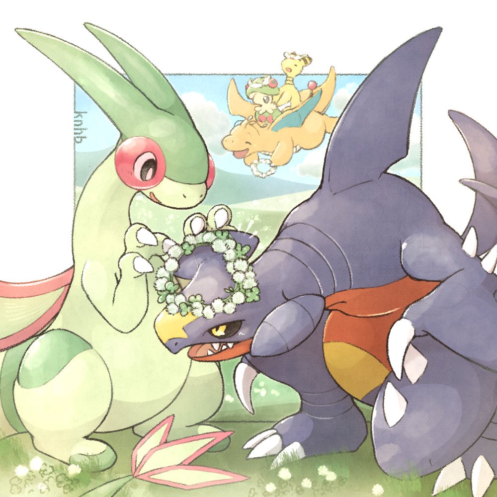 ampharos animal_focus black_sclera border breloom claws colored_sclera commentary_request dragon dragonite flower_wreath flygon flying garchomp gen_1_pokemon gen_2_pokemon gen_3_pokemon gen_4_pokemon head_wreath holding holding_wreath knhb_tail nintendo no_humans on_grass outside_border pokemon pokemon_(creature) sharp_teeth standing tail teeth white_border wings yellow_eyes