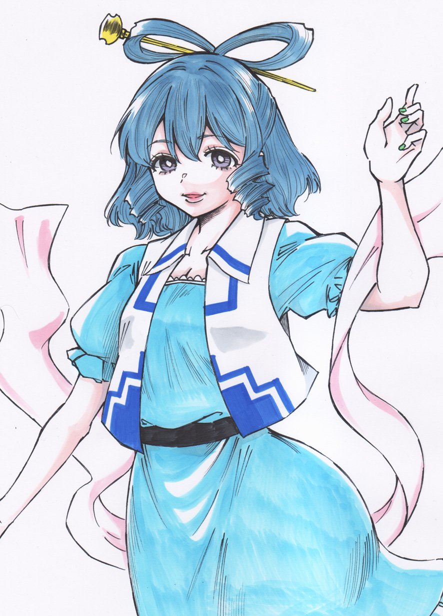 1girl blue_dress blue_eyes blue_hair blue_nails chisel commentary_request dress drill_hair drill_sidelocks hair_ornament hair_rings hair_stick highres kaku_seiga looking_at_viewer parted_lips s590220 scarf short_hair short_sleeves sidelocks simple_background solo touhou vest white_background white_scarf white_vest
