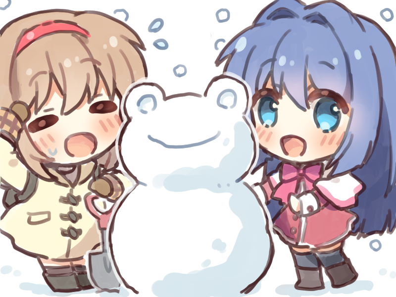 2girls backpack bag black_footwear blue_eyes blue_hair brown_coat brown_hair brown_mittens capelet chibi closed_eyes coat commentary_request dress hair_intakes hairband haruchimo kanon keropii minase_nayuki mittens multiple_girls red_dress red_hairband school_uniform short_hair shovel smile snowman tsukimiya_ayu white_capelet