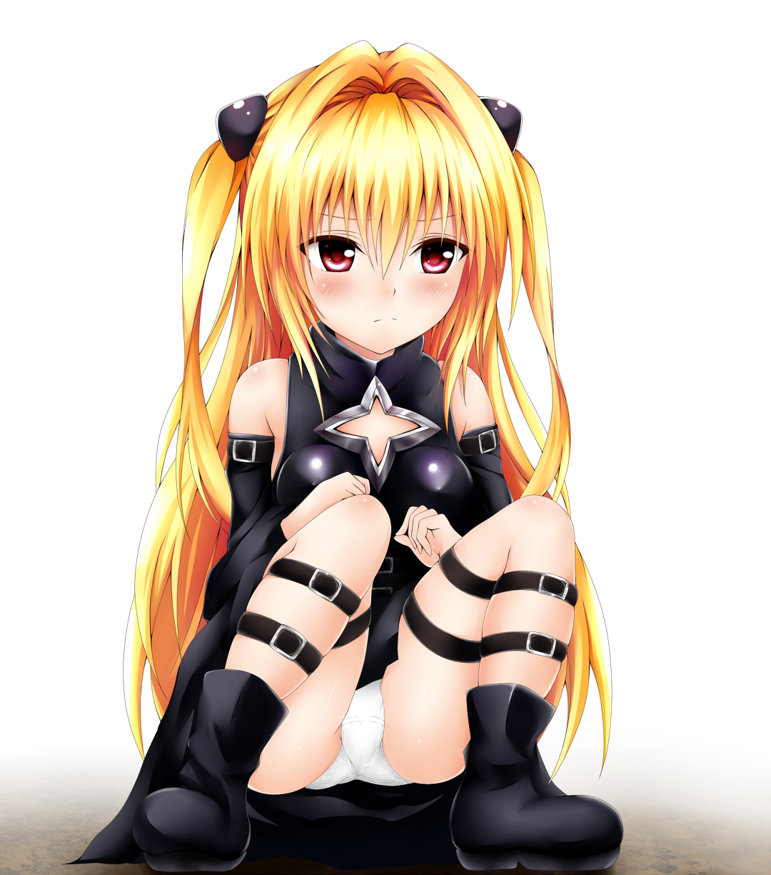 1girl black_boots black_dress blonde_hair boots detached_sleeves dress female_focus hair_intakes hair_ornament hairclip highres kaze_(kaze_kaza) konjiki_no_yami long_hair panties pantyshot red_eyes short_dress solo squatting thigh_strap to_love-ru two_side_up underwear upskirt very_long_hair white_panties