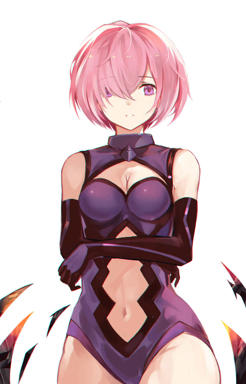 1girl bare_shoulders black_gloves breasts cleavage elbow_gloves fate/grand_order fate_(series) female_focus gloves hair_over_one_eye highres mash_kyrielight medium_breasts navel pink_hair purple_eyes sc068 short_hair simple_background solo standing white_background