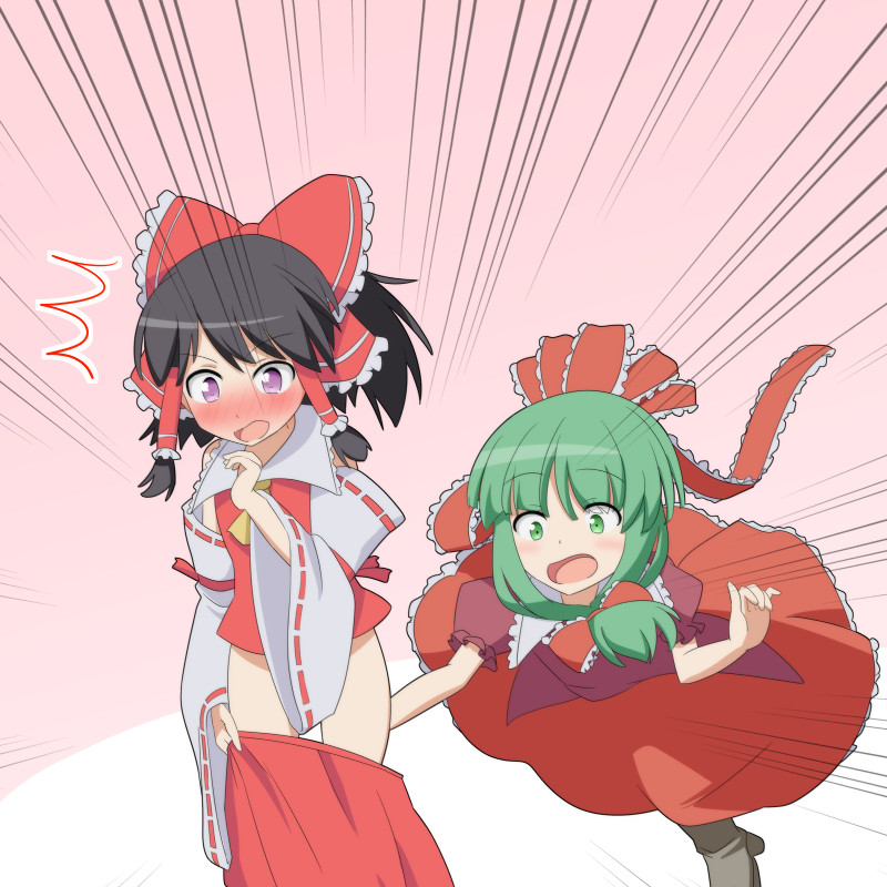 2girls :o accident accidental_exposure accidental_pervert ascot assisted_exposure black_hair blush boots bottomless bow brown_footwear cato_(monocatienus) censored clothes_pull convenient_censoring detached_sleeves dive dress frilled_shirt_collar frilled_skirt frills green_eyes green_hair hair_bow hair_tubes hakurei_reimu kagiyama_hina large_bow long_hair multiple_girls nose_blush pantsing ponytail purple_eyes reaching reaching_towards_viewer ribbon-trimmed_sleeves ribbon_trim skirt skirt_pull skirt_set skirt_tug surprised touhou vest wide_sleeves