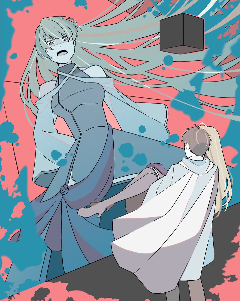 1boy 1girl annoyed bare_shoulders black_box blonde_hair blunt_bangs boots breasts brown_boots brown_hair brown_pants carrying cloak clothing_cutout corpse cube dress dual_persona elluka_chirclatia evillious_nendaiki floating floating_hair floating_object genzai_monogatari grey_dress high_heel_boots high_heels highres hiyama_kiyoteru hood hooded_cloak impersonation kiril_clockworker kiseki_no_yukue_(vocaloid) large_breasts levia_barisol long_hair looking_at_another looking_down megurine_luka narrow_waist open_mouth pants princess_carry red_background short_hair shoulder_cutout sorn_somnang splatter thigh_boots vocaloid white_cloak wide_sleeves