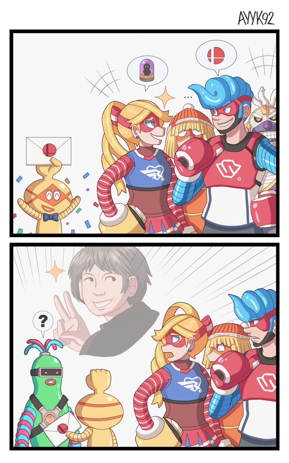 2boys 2girls arms_(game) blonde_hair blue_eyes blue_hair boxing_gloves cobushii_(arms) dna_man_(arms) domino_mask earrings grin hat highres jewelry letter long_hair masahiro_sakurai mask master_mummy_(arms) min_min_(arms) multiple_boys multiple_girls nintendo open_mouth ribbon_girl_(arms) short_hair slime smile spring_man_(arms) super_smash_bros. v